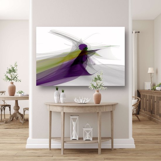 Abstract schilderij met paarse, groene en grijze lijnen die een figuur vormen.