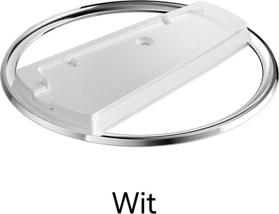 Een witte PS5-standaard met een zilverkleurige ring.