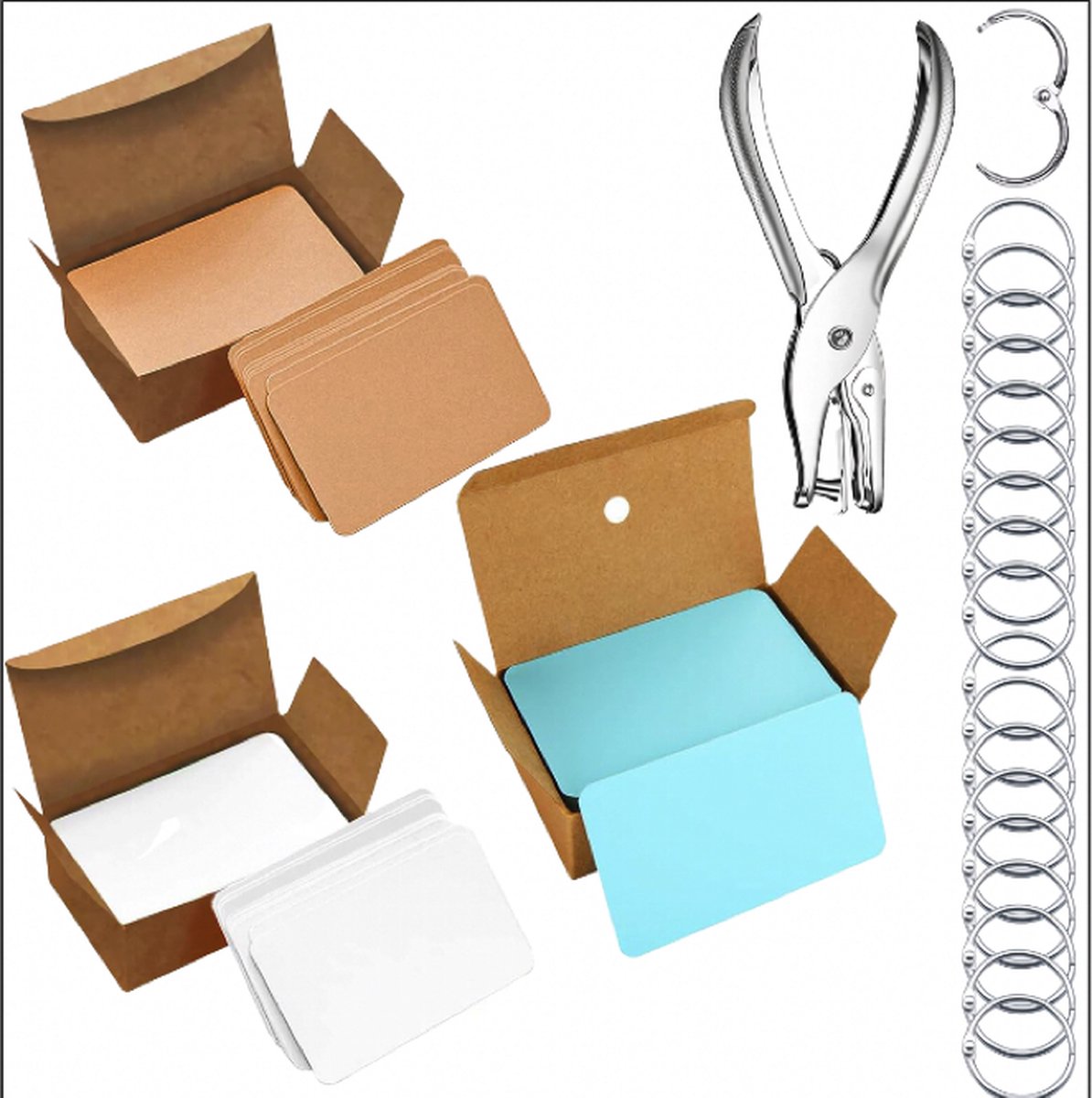 300 Stuks Blanco Kraft Kaarten met 20 Klikringen, Papier Gaatjestang & 5 Enveloppen - Flashcards in Bewaarbox - Systeemkaarten en Ringen - Karton Flitskaarten - Cadeaulabels/ Bedankt Kaartjes - Lege Wenskaarten\Naamkaartjes - Kleine Verjaardagskaart — cadeau in Hobby - foto 7