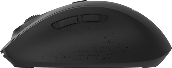 Zijkant van een zwarte draadloze muis met twee programmeerbare knoppen.