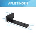 Dimensions d'une équerre de tablette noire en forme de L : 15 cm de long, 8 cm de haut, 4 cm de large. Épaisseur 0,5 cm.