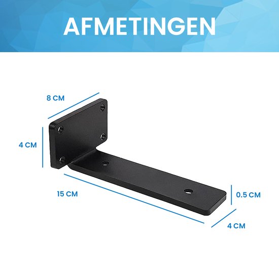 Dimensions d'une équerre de tablette noire en forme de L : 15 cm de long, 8 cm de haut, 4 cm de large. Épaisseur 0,5 cm.