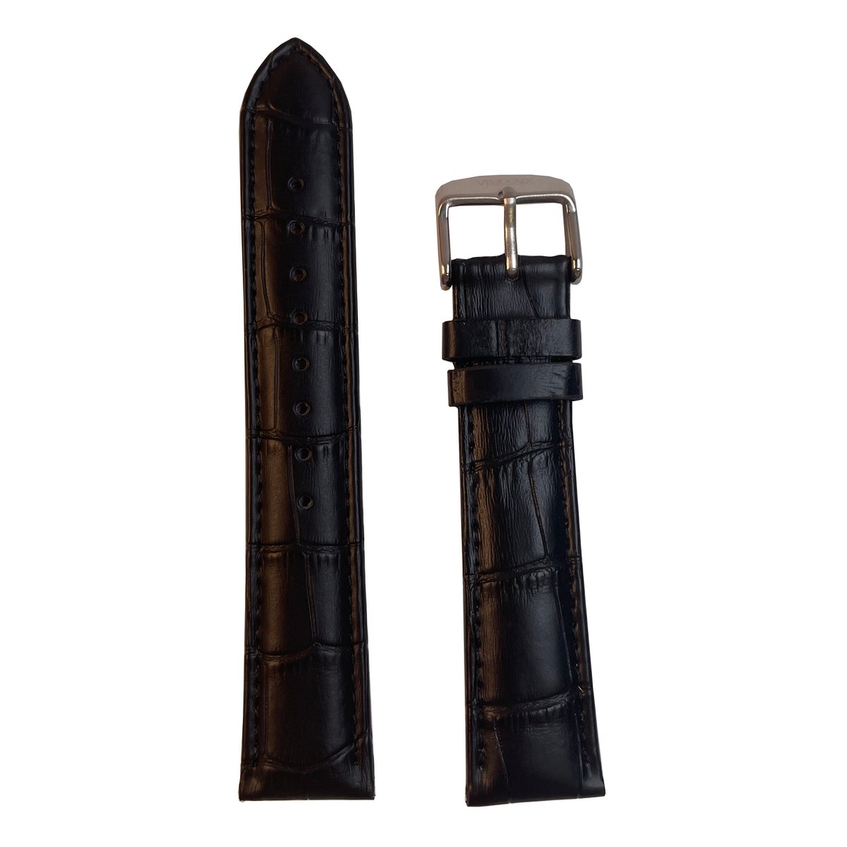 Horlogeband - 20mm - Mat zwart - Echt leer in croco print - Roestvrijstalen gesp