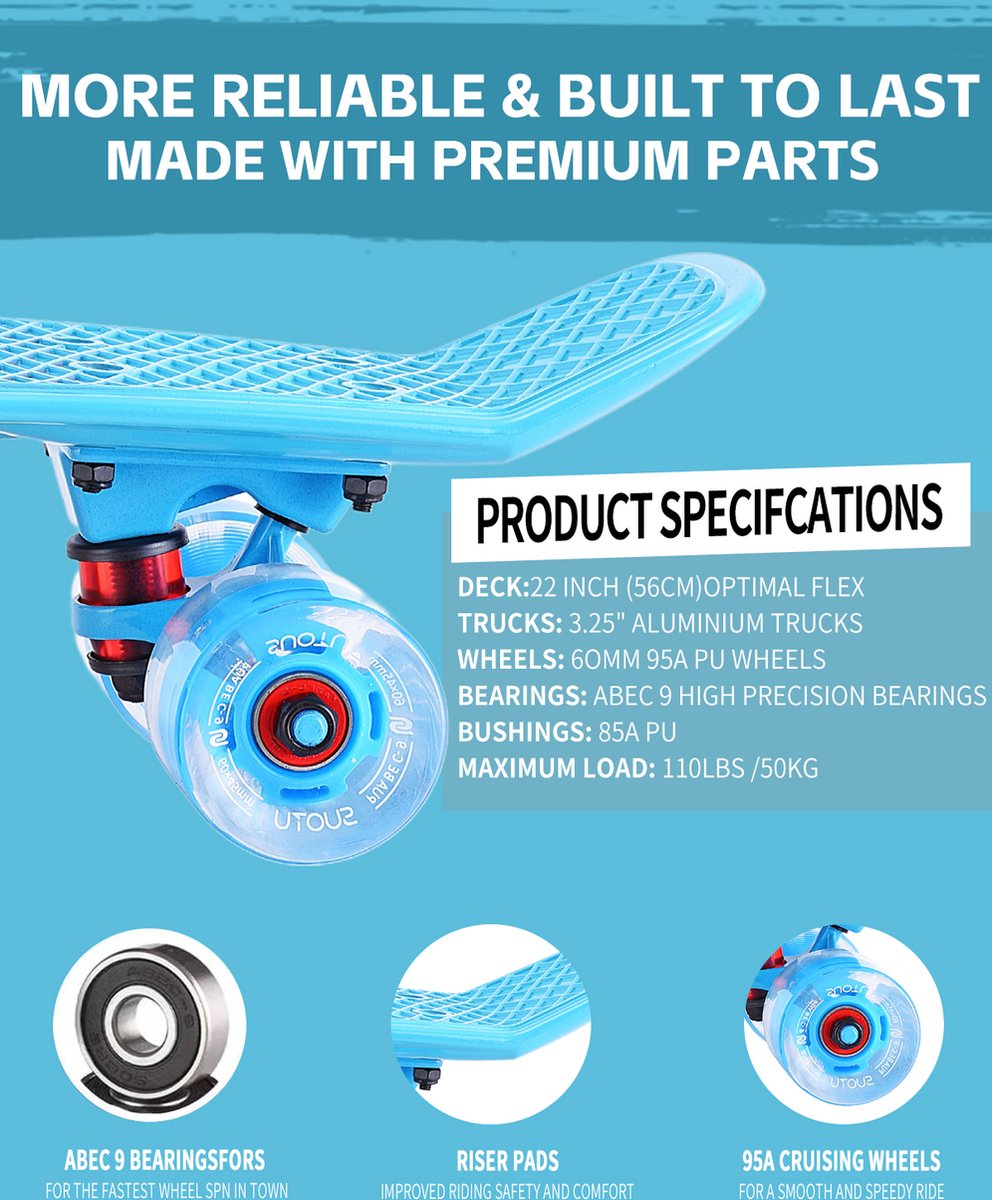 Suotu Skateboard - Skateboard Jongens - Wielen met LED-verlichting - Tot 50 kg - Skateboard Meisjes - Skateboard Volwassenen - Neo - Cadeau — afbeelding 2