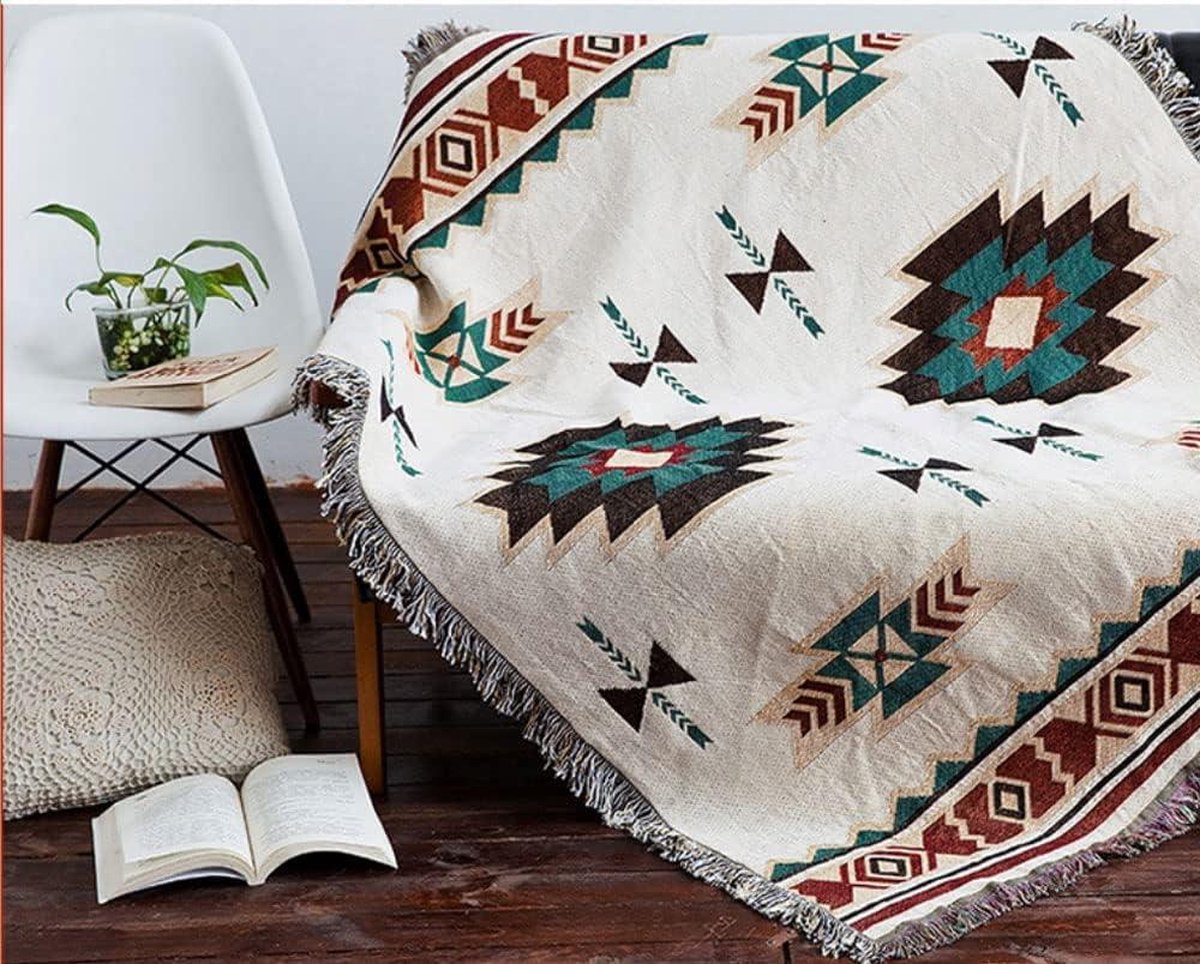 Luxlovery Bohemian Sofa Throw Throws Ethnic Woven Boho Geometric White and Khaki Plaid for Sofa, Aztec Bed Throw Blankets, Oversized Chair/Couch Cover