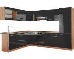 Vicco R-Line Hoekkeuken – 287 x 46 cm zonder werkblad Antraciet hoogglans/goud eiken