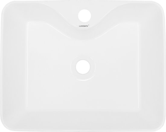 Vue de dessus d'un lavabo rectangulaire en céramique blanche avec légère courbe et trou pour robinet.