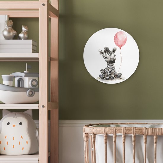 WallCircle® Wandcirkel 30x30 cm - Muurcirkel Zebra - Baby - Dieren - Roze ballon - Muurdecoratie babykamer - Wanddecoratie kinderkamer - Kamer decoratie voor jongens en meisjes - Baby accessoires - Ronde schilderijen