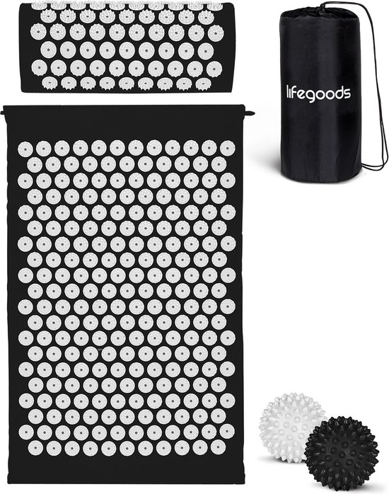 Foto: Lifegoods acupressuur mat met kussen shakti mat spijkermat incl 2x triggerpoint bal 66x40x2cm zwart wit