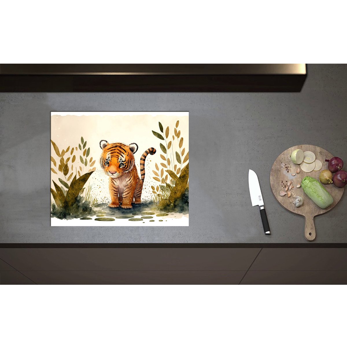 Inductieplaat Beschermer - Cartoon Tekening van Tijger Welpje tussen de Planten - 60x50 cm - 2 mm Dik - Inductie Beschermer - Bescherming Inductiekookplaat - Kookplaat Beschermer van Wit Vinyl
