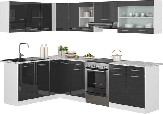 Vicco Cuisine d'angle Rick, Wit/ anthracite brillant, 267 x 167 cm, WB Marble