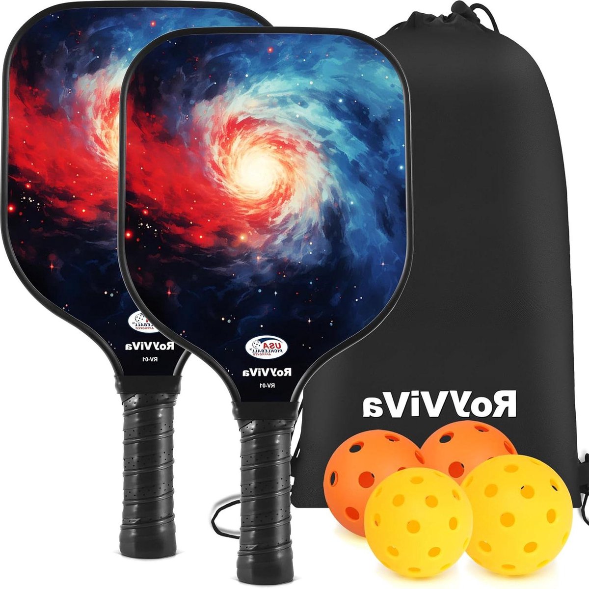 Pickleball Paddles Set van 2 - Goedgekeurd Glasvezel Pickleball Paddles Set 2023 - RV-01 - Inclusief Oppervlak Rackets - 40-Hole Indoor Ballen - 26-Hole Outdoor Ballen