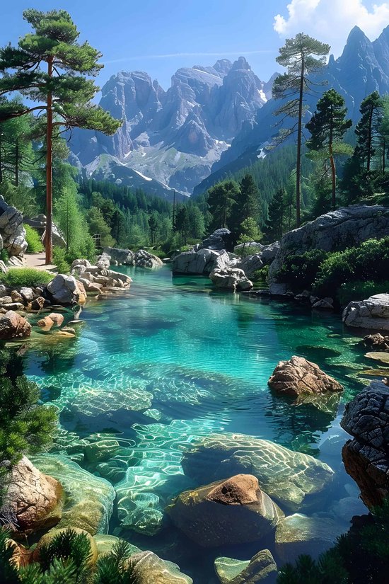 Rivière turquoise claire avec des rochers, entourée de verdure, avec des montagnes enneigées en arrière-plan.
