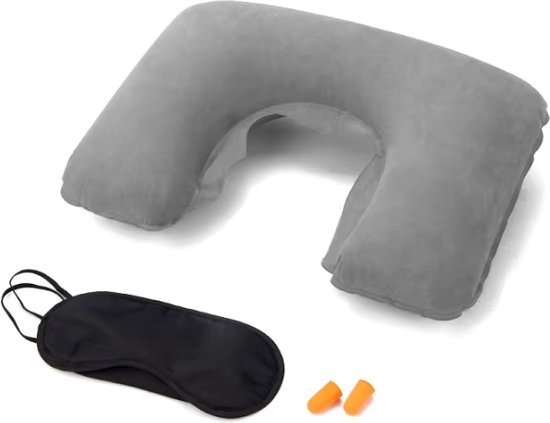 Foto: Reisset opblaasbaar reiskussen voor vliegtuig nekkussen slaapmasker en oordoppen comfortabel reizen 3 delige set ideaal voor vliegtuig trein en auto grijs