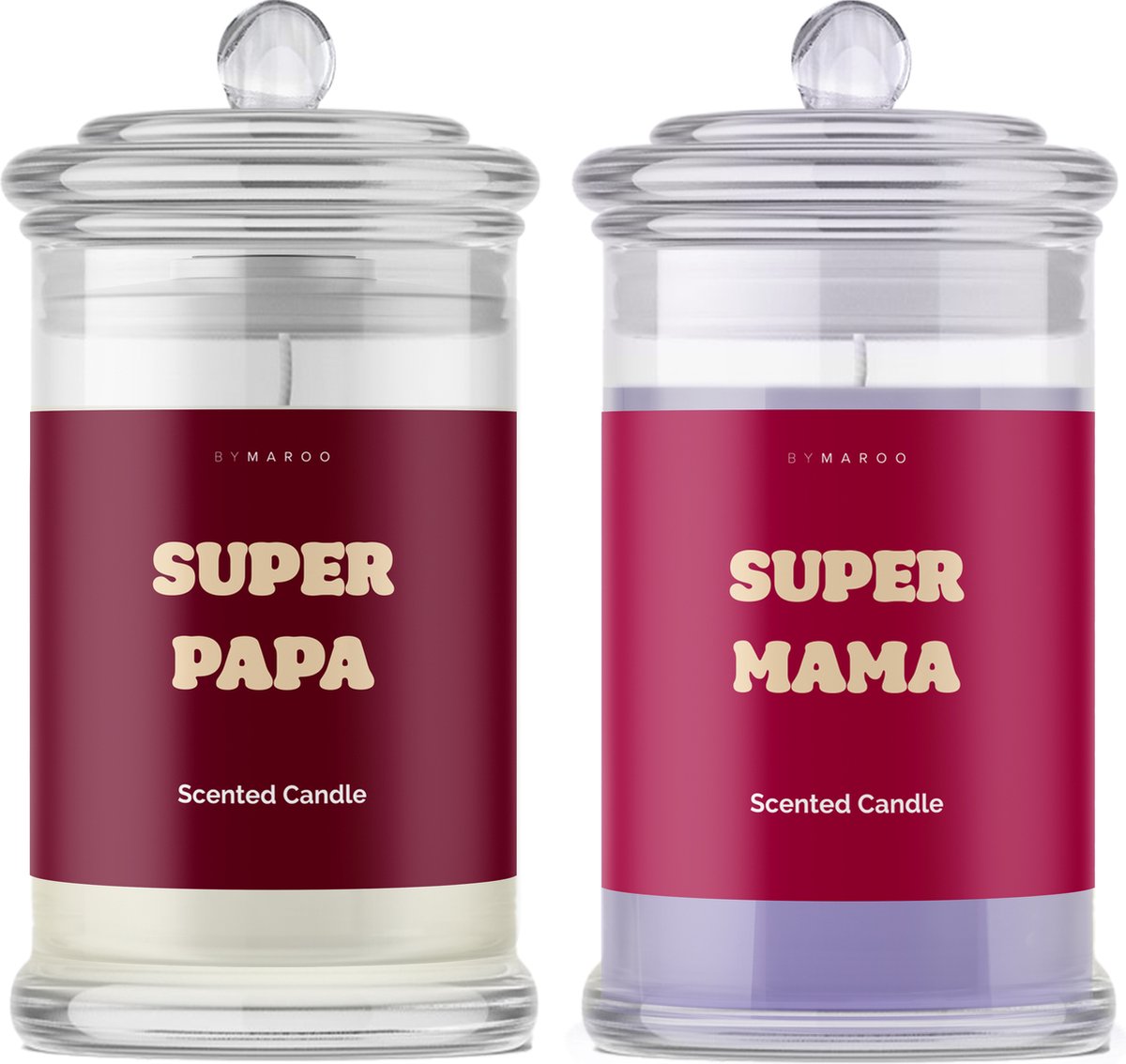 Kaarsen geschenkset - Super Papa & Super Mama - Grappige Cotton & Lavendel Geurkaarsen in Glas met Tekst - Verjaardag Cadeau Man, Vrouw, Vader, Moeder - Geschenkset - Happy Birthday - Cadeautjes voor Haar Hem Volwassenen