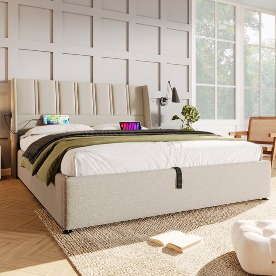 Foto: Komhtom opbergbed tweepersoonsbed voor volwassenen usb typ c dubbel bed 140x200 cm linnen beige