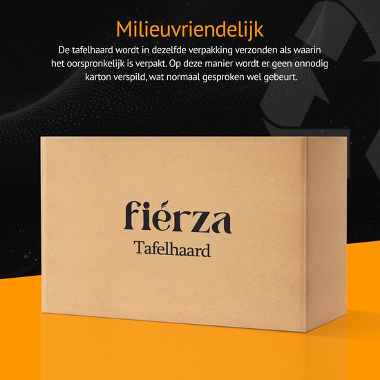 Milieuvriendelijke verpakking voor de Fiérza tafelhaard, met de tekst 'Milieuvriendelijk'.