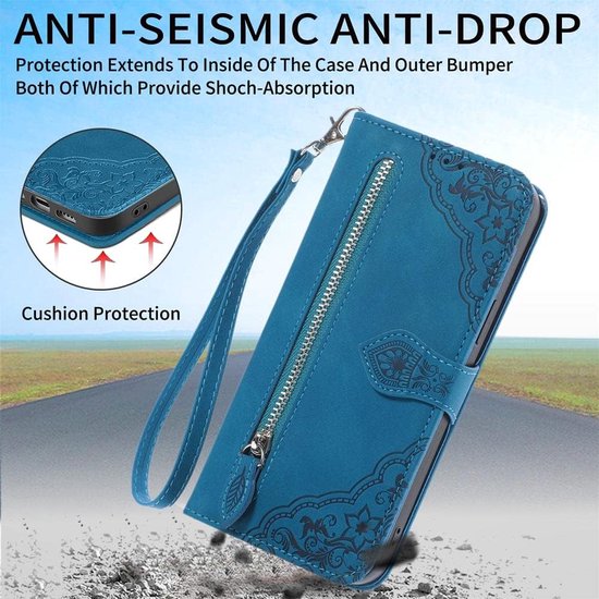 Convient pour Oppo Reno 12 Pro 5G - Book Case - Étui porte-cartes multifonctionnel avec fermeture éclair - Blauw