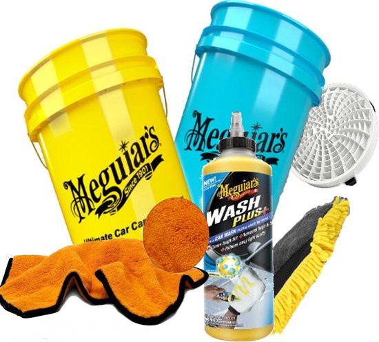 Foto: Meguiars auto was set bestaande uit 2 x emmer 5 gal 19 ltr 1 x dirt lock grit meguiars wash plus 710 ml shampoo detailmate droogdoek 40 x 60 800 gr m2 detailmate washmitt met drie functies