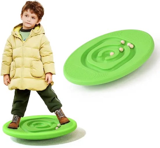 Foto: Balance board groen kleur met 5 echte houten balletjes voor kinderen stimuleert de motoriek montessori speelgoed vanaf 3 jaar