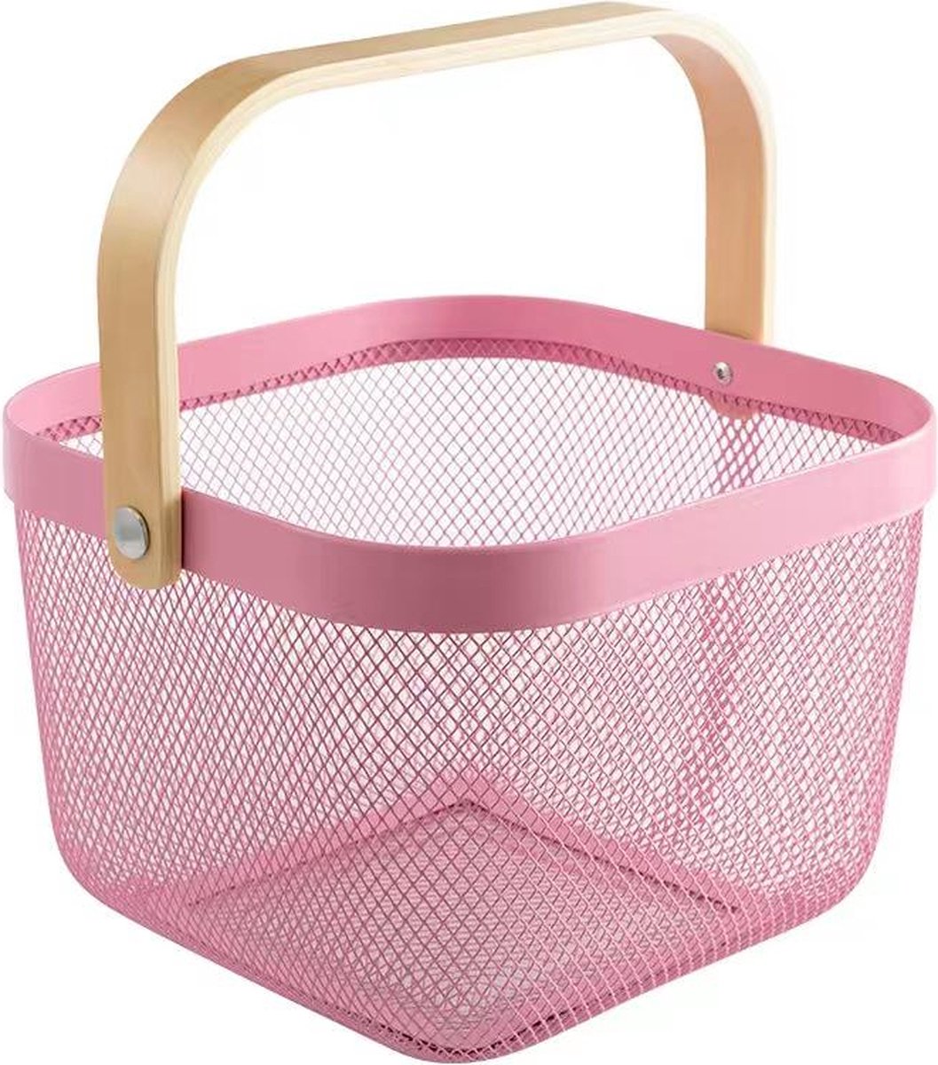 RVS picknickmand fruitmandje boodschappen winkelmandje met houten hengsel (24x24x18cm) lichtpaars