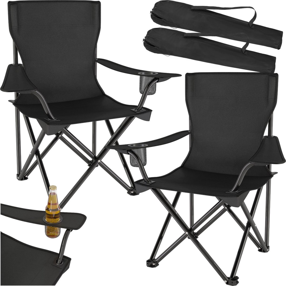 tectake® Set van 2 Campingstoelen - Klapstoel - Opvouwbare Visstoel met Armleuning en Bekerhouder - Inclusief Draagtas - Comfortabele Stoel voor Balkon, Tuin, Festival, Camping - Maximale belasting 100 kg - Afmeting (BxDxH) 80 x 48 x 84,5 cm - Zwart — cadeau in Sport & Outdoor - foto 2