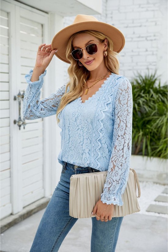 SUNMOOL - Blouse Femme - Chemise Femme - Top Femme - Col V- Blauw - Taille : S