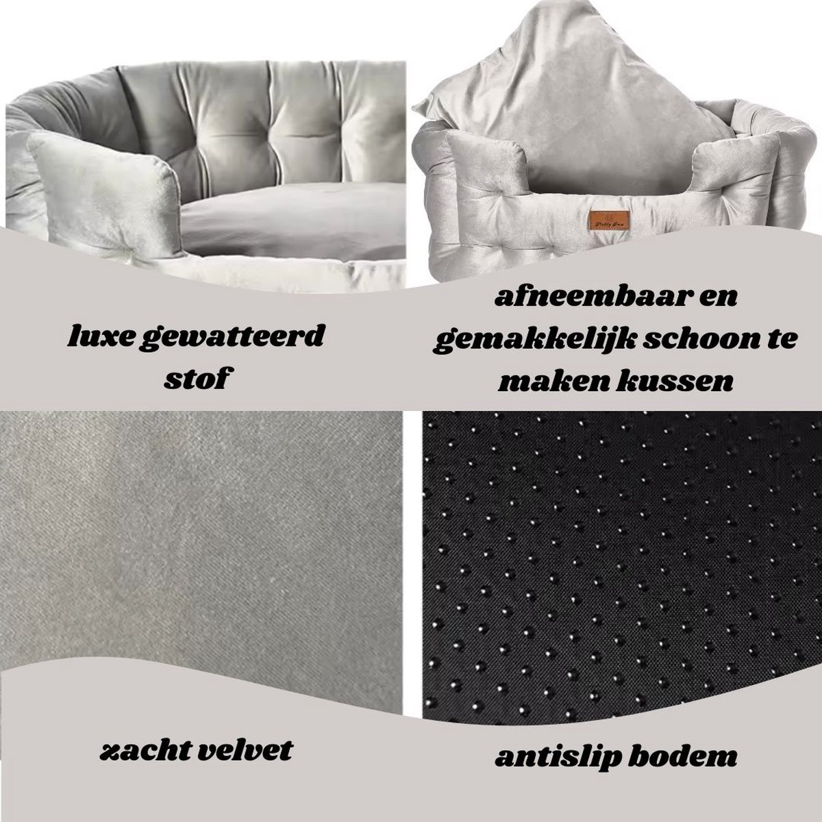Fluffy Paw - Groot Luxe Hondenbed - Wasbaar - Hondenkussen - Gewatteerd Hondenmand - Hondensofa - Kattenbed - Hondenmanden - 75 x 65 cm - velvet grijs thumbnail 7