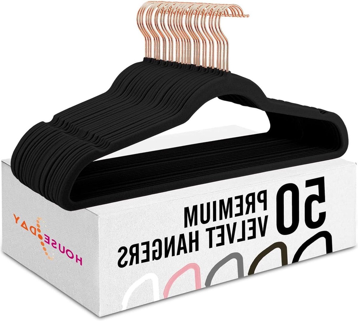HOUSE DAY 50 stuks kleerhangers smalle fluwelen hangers ruimtebesparend antislip anti-slip stabiel zwart fluwelen kleerhanger voor garderobekast 1/4 "(dikte)