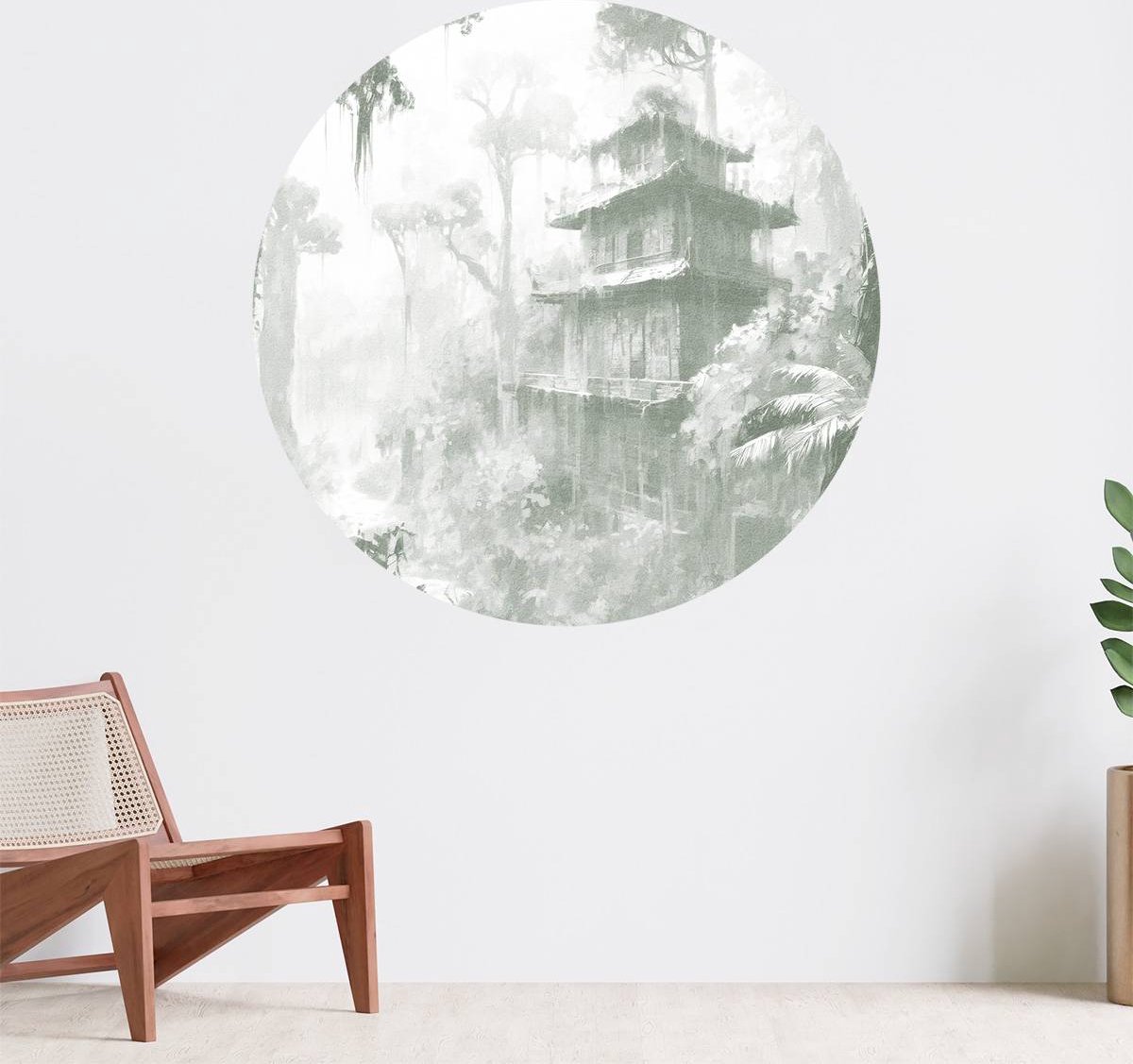 Muurcirkel zelfklevend behang - Verborgen hut in Mistig Woud, groen - Wanddecoratie - 120cm behangcirkel - Ronde sticker voor aan de muur - Behangsticker verkrijgbaar in verschillende formaten