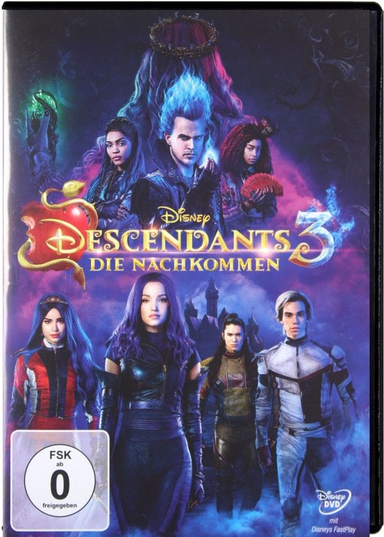 De cover van de film 'Descendants 3', met de hoofdpersonen in stoere outfits en een Disney logo.