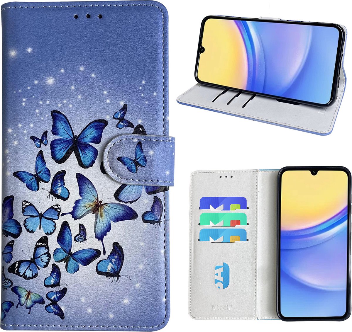 Hoesje geschikt voor Samsung Galaxy A15 Bookcase met Blauw vlinder print