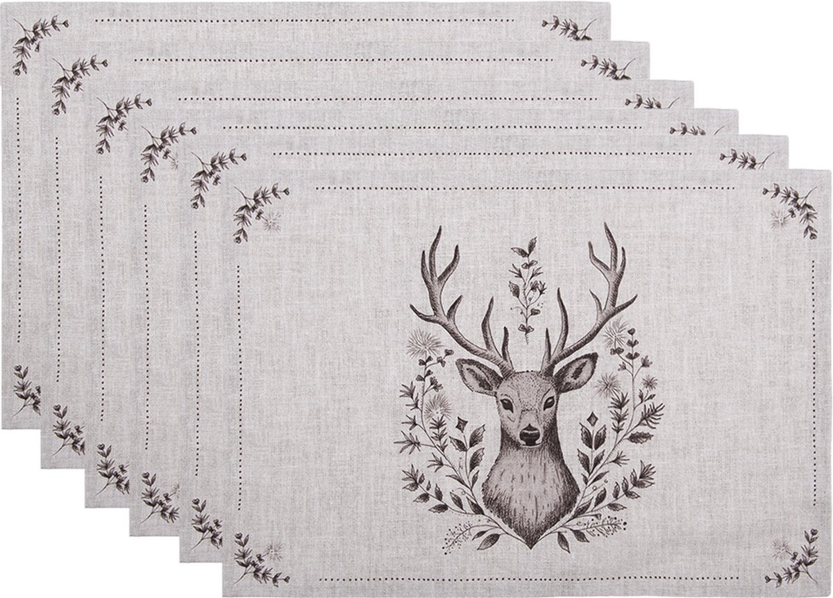 Clayre & Eef Placemats Set van 6 48x33 cm Beige Katoen Hert