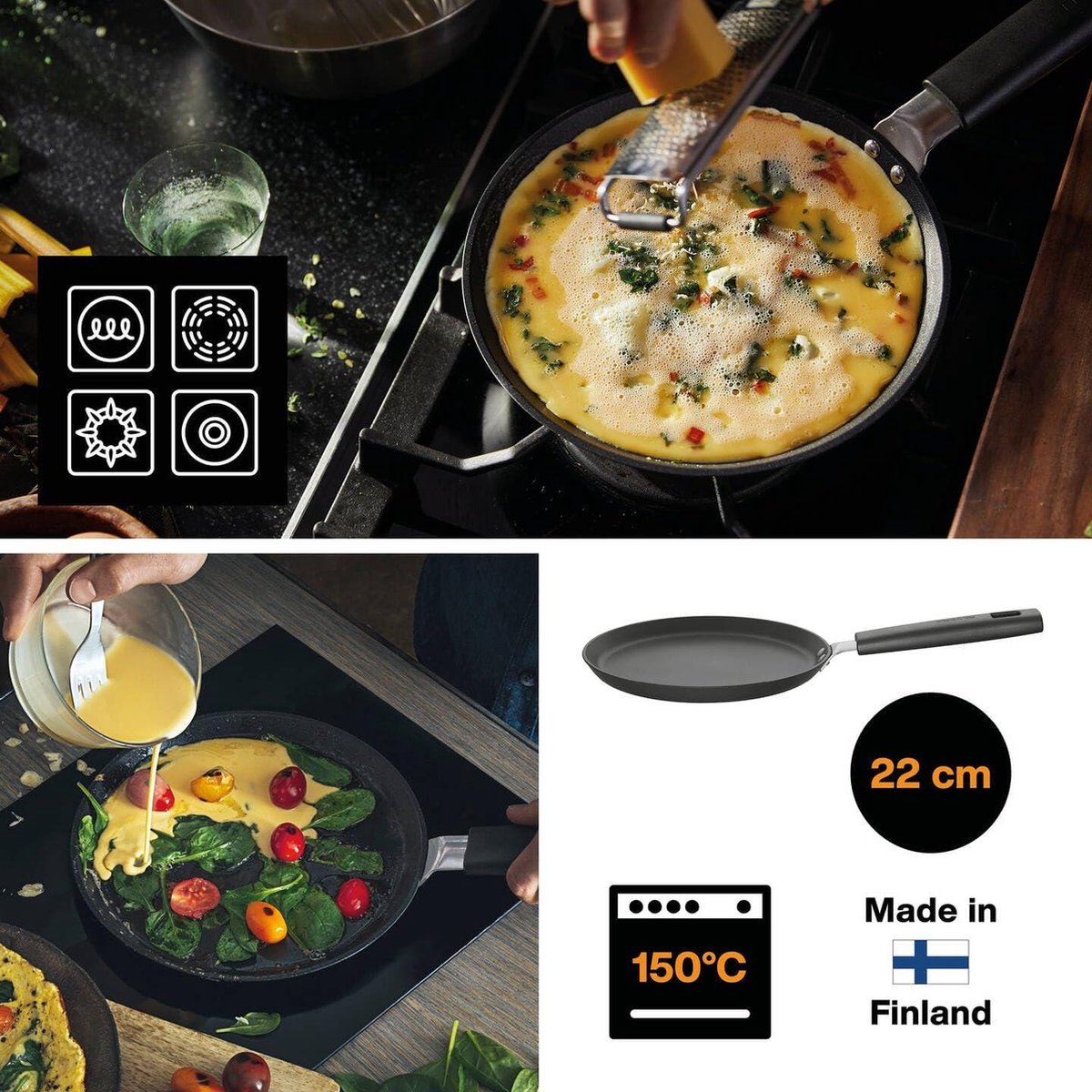 Pannenkoekenpan Ø 22 cm voor alle kookplaten krasbestendig antiaanbaklaag zwart Hard Face japanese omelette pan