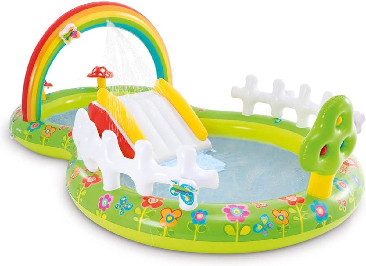 Dailysupplies Kinderzwembad met Glijbaan Speelzwembad Kinder Opblaas Zwembad Groen met Regenboog