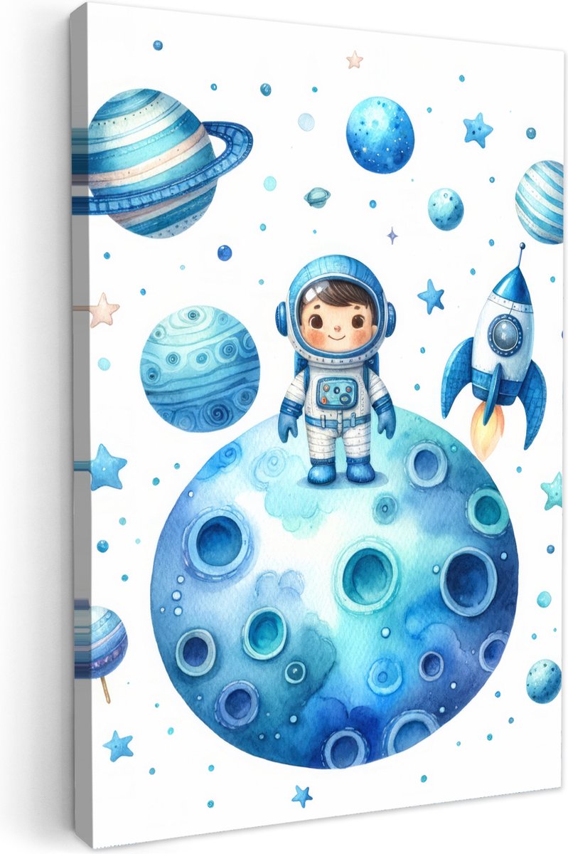 Canvas schilderij 60x90 cm - Wanddecoratie kinderkamer Ruimte - Blauw - Astronaut - Sterren - Planeten - Muurdecoratie babykamer - Kamer decoratie voor jongens en meisjes - Baby accessoires - Schilderijen