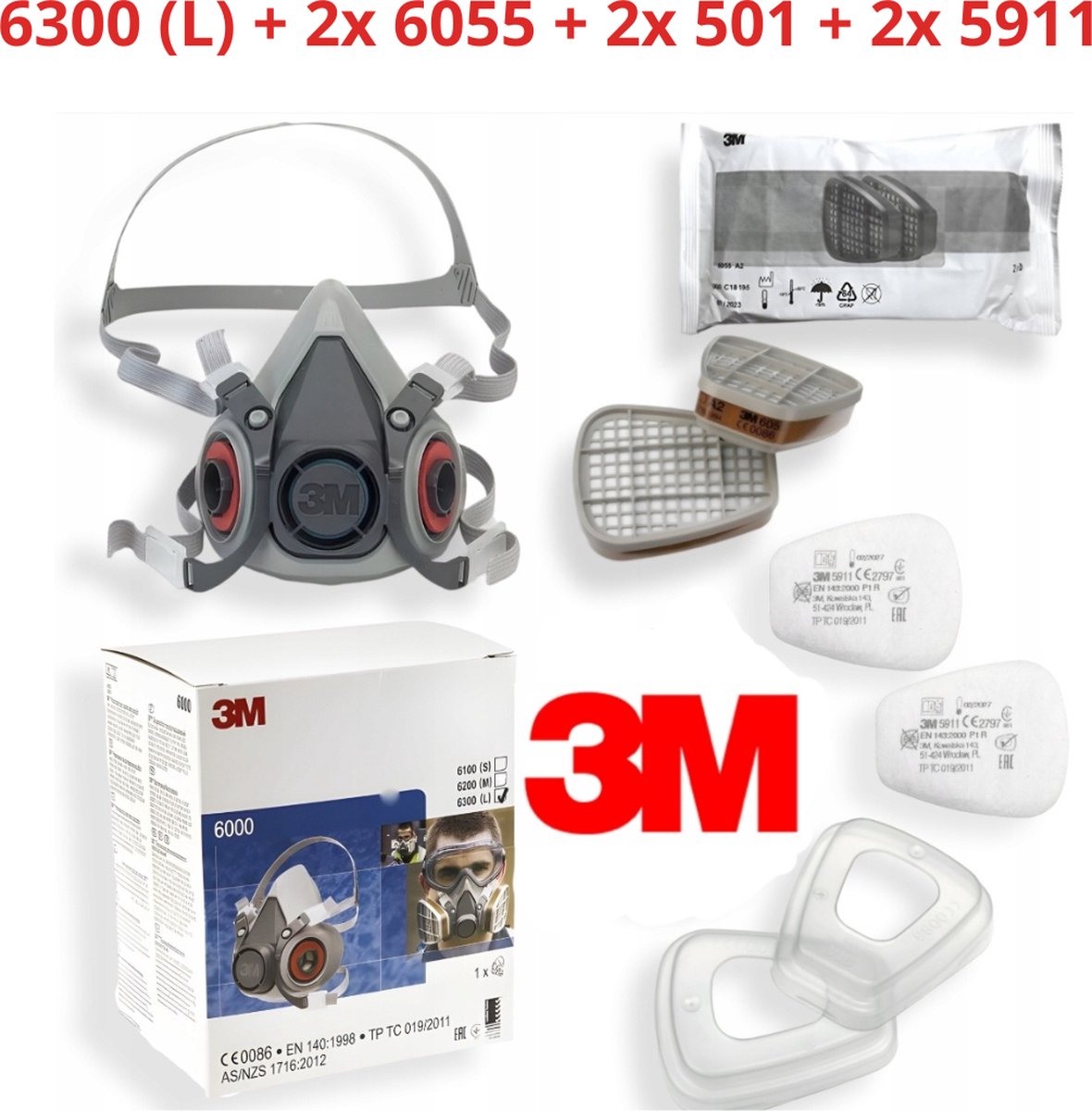 3M origineel 6300 half gelaatsmasker maat L + 6055 x2 (Gas- en Dampfilter A2) + 5911 x2 + 501 x2 -compleet-zach-lichtgewicht-comfort tijdens langere gebruiksduur- V-vormige ophanging