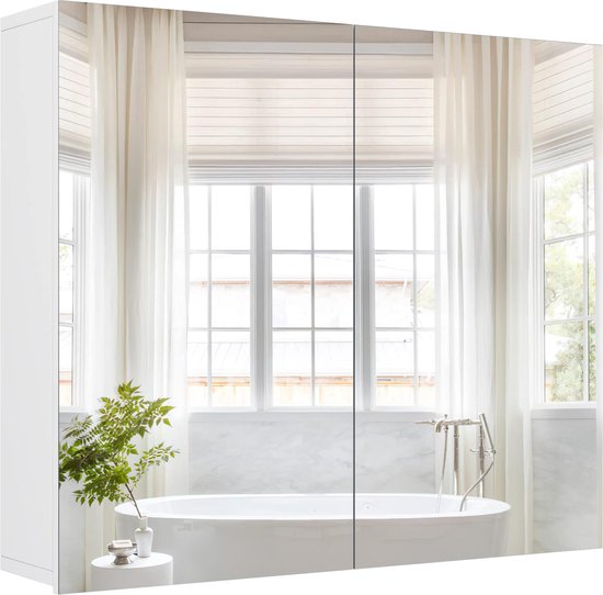 Spiegelkast met 2 deuren, badkamerkast met badkamerspiegel, hangkast voor badkamer, wit, 70 x 15 x 60 cm HMTM-FMD-102