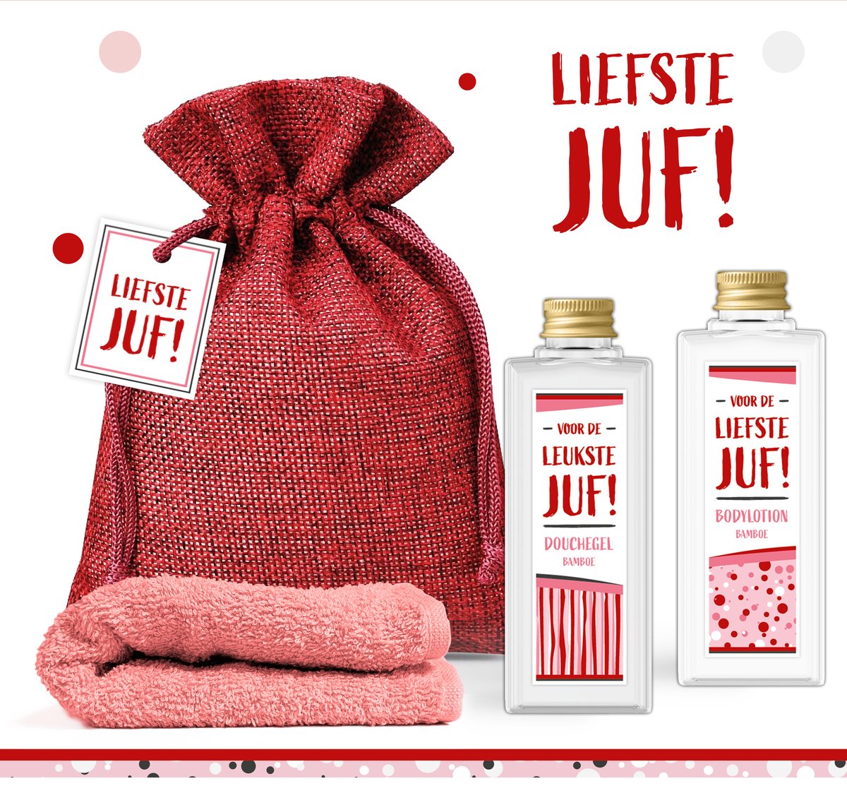 Goedkoopste Geschenksetje Voor De Liefste Juf - 4 producten - 250 gram | Giftset voor haar - Cadeau Juffendag - Aardigheidje - Leerkracht - Coach - Bedankje Jufrouw einde Schooljaar - Klein cadeautje Lerares - Wellness Pakketje - Vrouw - Roze