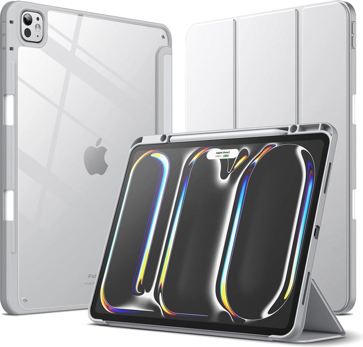 Geschikt voor Apple iPad Pro 13 inch M4 - Doorzichtig Transparante Achterkant - Schokbestendig - Book Case Hoesje - Zilver