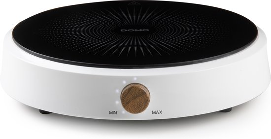Plaque chauffante ronde blanche avec surface de cuisson noire, bouton en bois et indications 'MIN'/'MAX'.