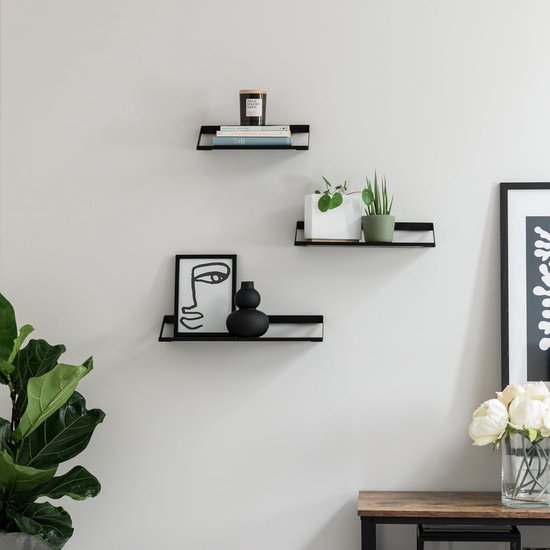 WOLTU 3 Stucks wandplank, zwevende plank, boekenplank, planken voor decoratie, wandplanken van MDF-hout, set van 3 hangplanken, Zwart, 30 x 23 x 3,8 cm RG9371sz-3