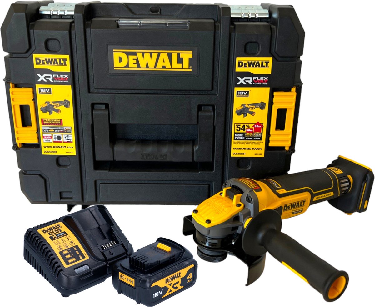 DeWalt DCG 409 M1T accu haakse slijper 18 V 125 mm borstelloos + 1x accu 4.0 Ah + lader + TSTAK