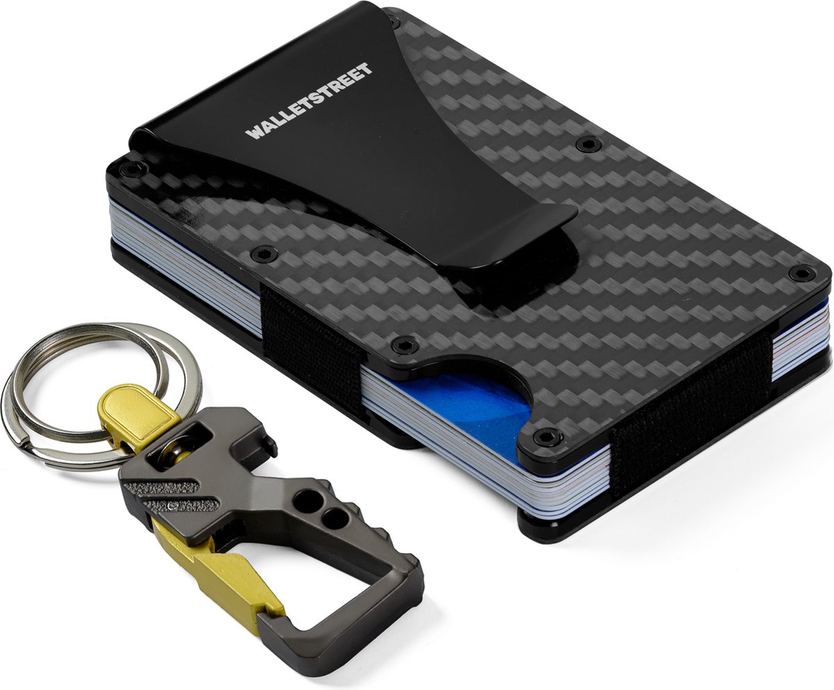 Walletstreet Premium Carbon Fiber Pasjeshouder\Creditcardhouder inclusief metalen sleutelhanger met dubbelring- minimaal 15 pasjes inclusief Geld Clip voor al uw Biljetten-RFID Anti Skim Technologie