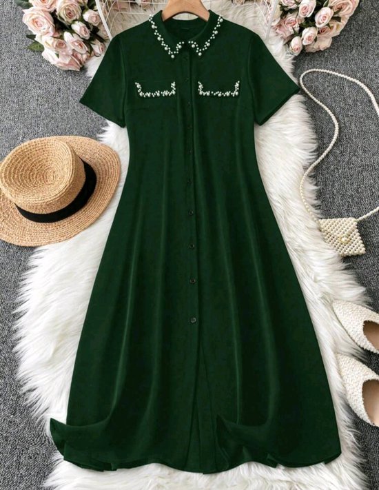 Prachtige sexy elegante corrigerende overhemdjurk jurk met knoopjes en pareltjes retro stijl donkergroen plus size 4XL eu 50 / 52