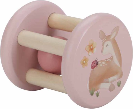 Roze houten roller rammelaar met hertenprint, bloemen en lieveheersbeestje.