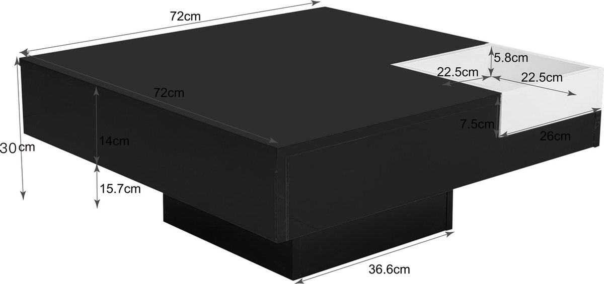 MSMOK Salontafel, hoogglans-woonkamertafel, bijzettafel met afneembare opbergdoos, 72 x 72 x 30 cm, met LED-lichteffect. (wit zwart