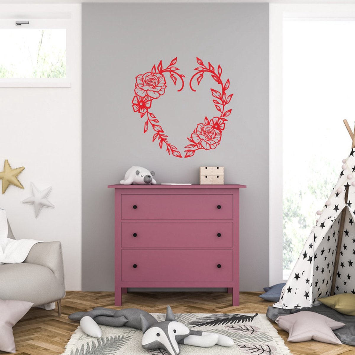 MC Living Muursticker - Hart Met Rozen - 46,4 x 46,4 - Rood