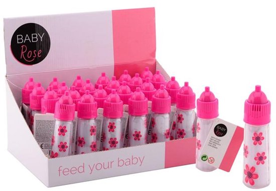 Baby Rose zuigfles met roze bloemen en roze dop, in display. Tekst op display: 'feed your baby'.