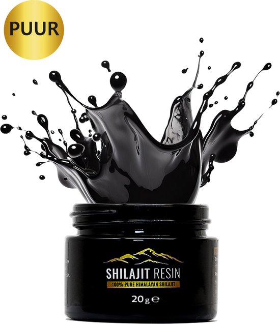 Zwarte pot Shilajit Resin met gouden bergen, waaruit een zwarte substantie spettert. Cirkel met 'PUUR' erboven.